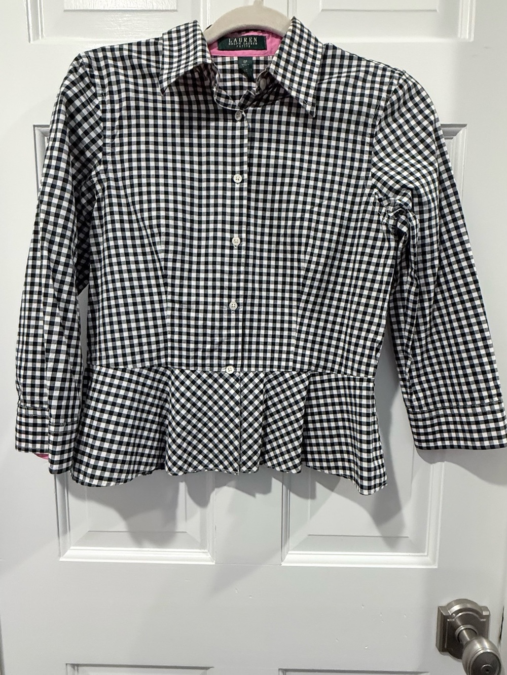 Ralph Lauren Black & White Gingham Peplum Button-Down Size 6P